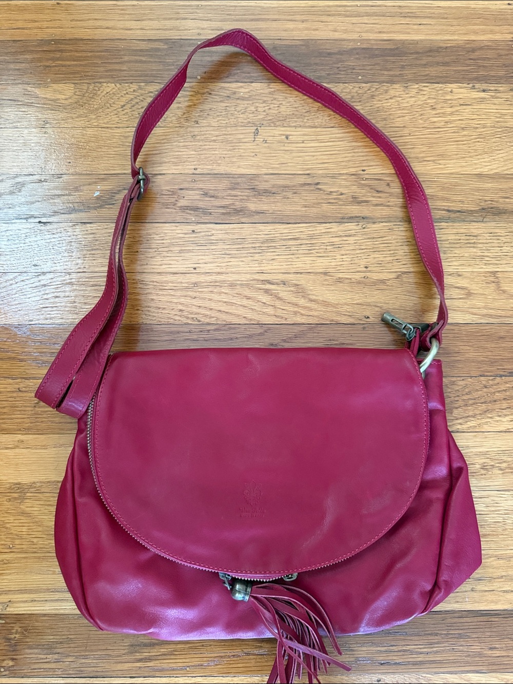 Women's Red Leather Crossbody Bag with Tassel